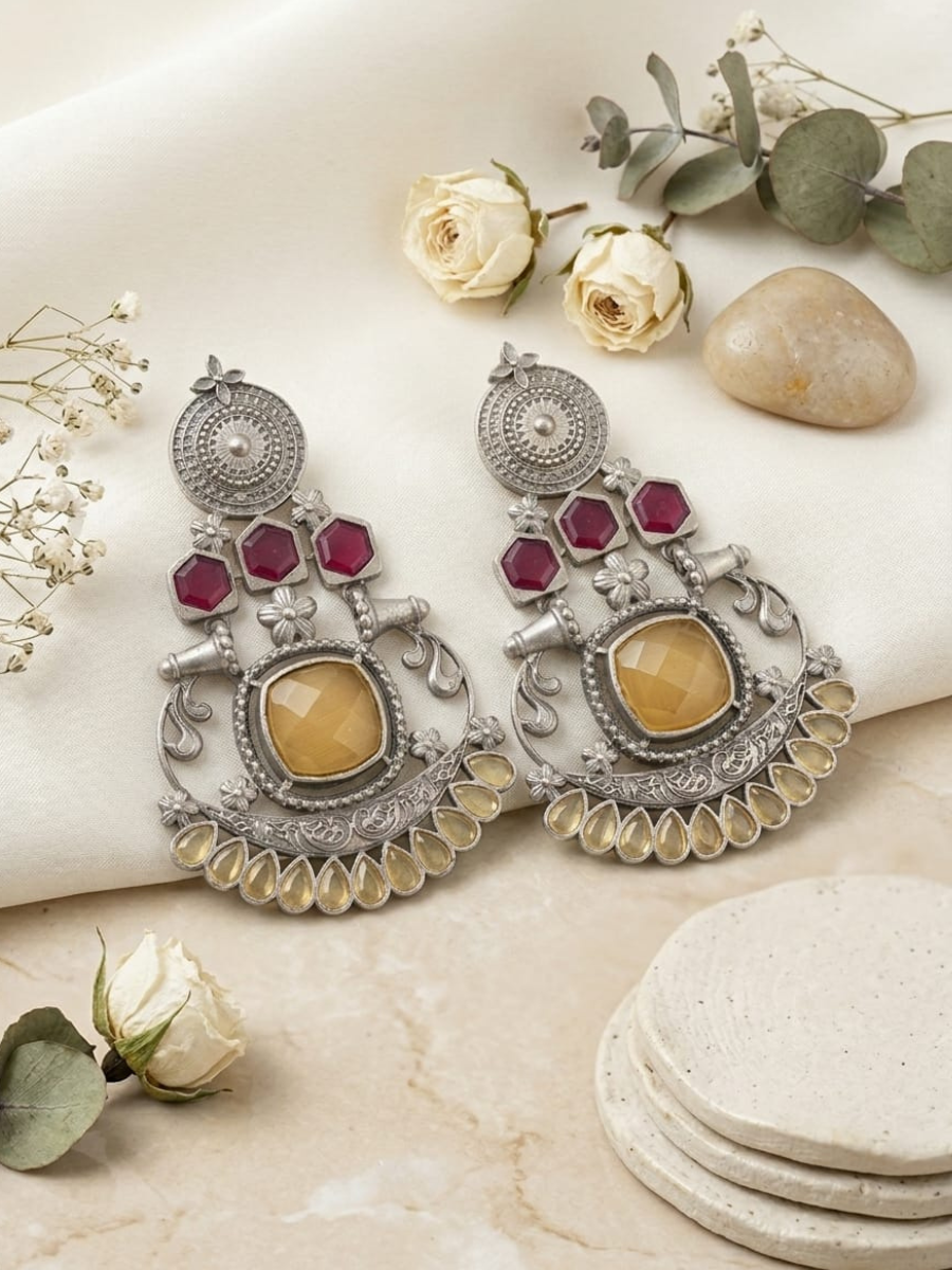 Yellow pink stone oxidised earrings