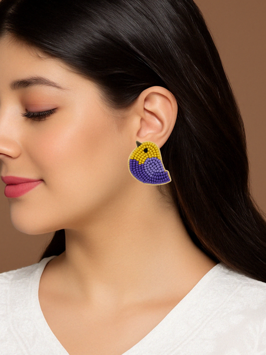 Yellow and Purple Bird Style Beaded Stud Earrings