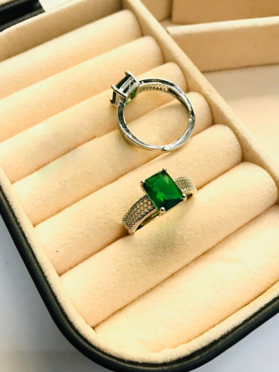 Green Emerald Adjustable Silver Ring
