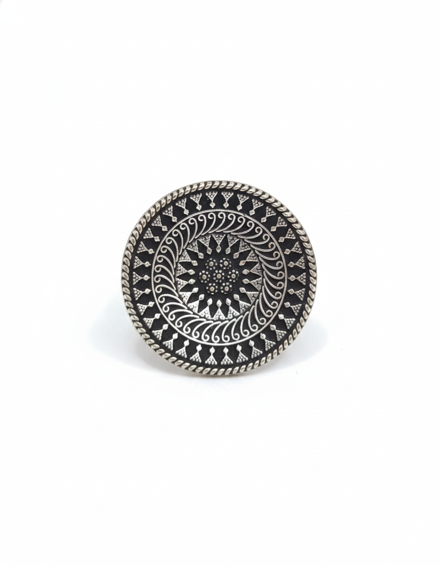 Oxidised Silver Plated Round Adjustable Finger Ring