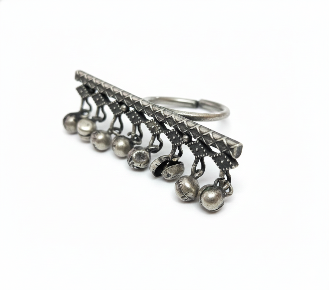 German Silver Oxidised Kolhapuri Gunghroo Ring