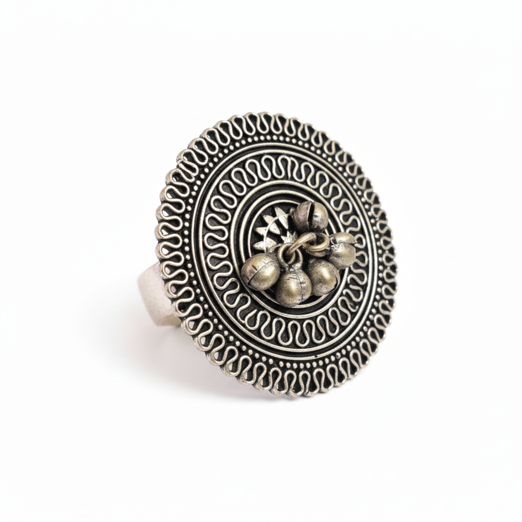 Kolhapuri Style Big Round Oxidised Silver Ring