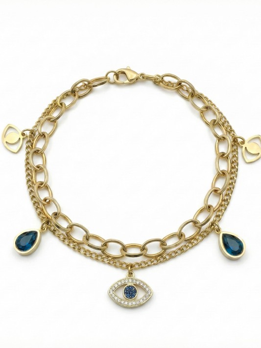 Women's Gold Plated Layered Evil Eye Charm Bracelet
