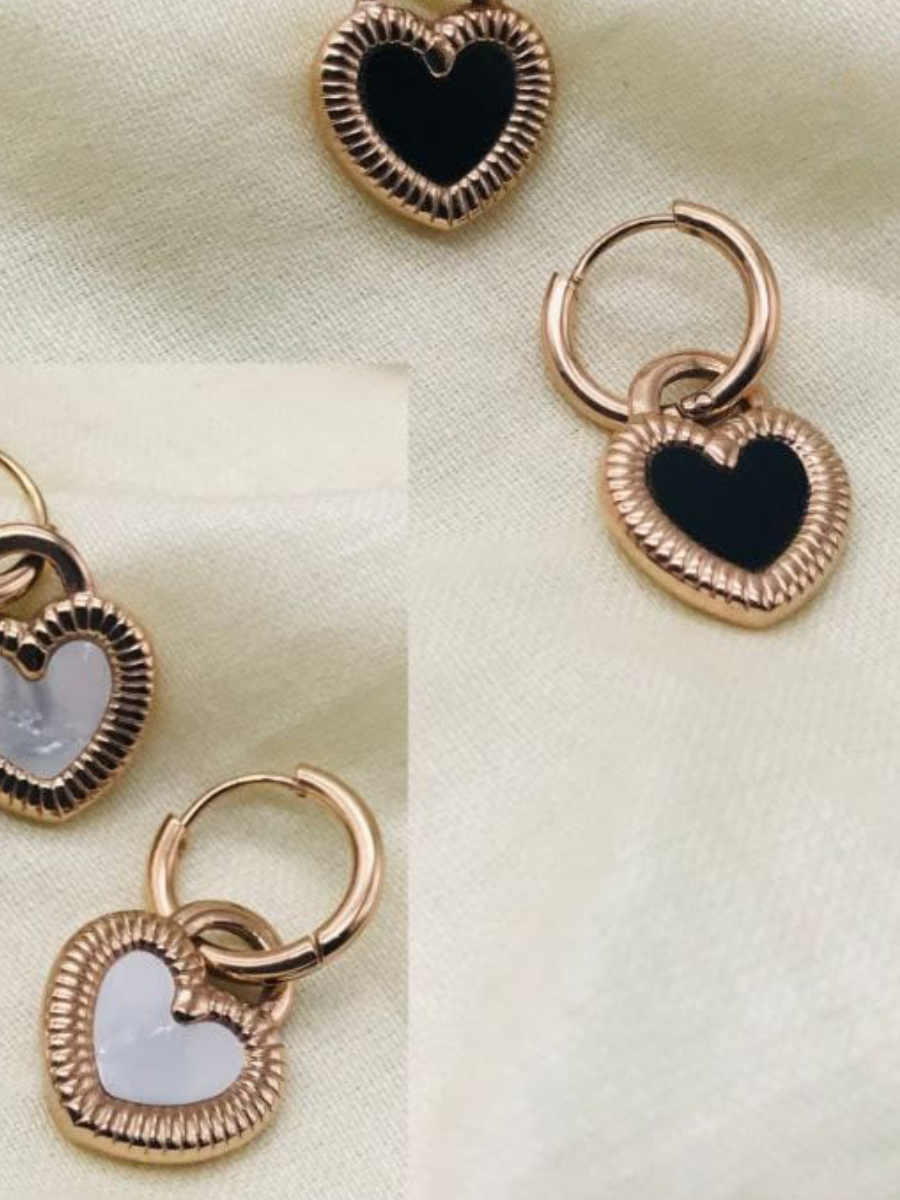 Rose Gold Black and White Heart Drop Huggie Earrings