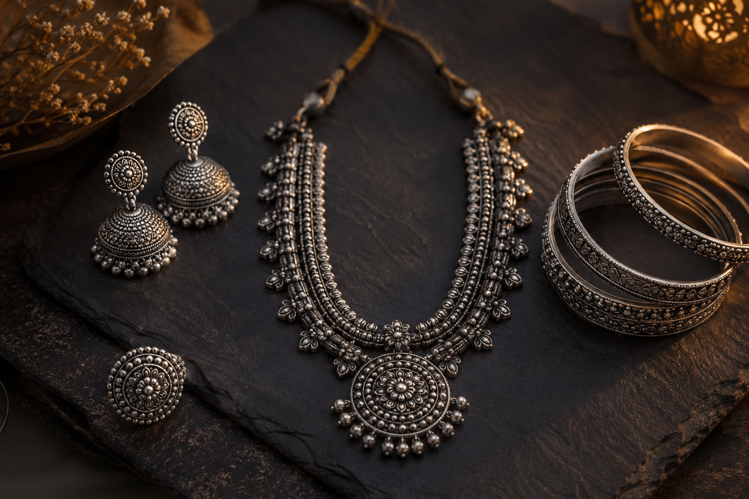 Oxidised silver jewellery flat lay including jhumkas, layered necklace, bangles and ring on dark slate
