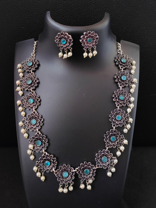 Buy Sky Blue Flower Shaped Oxidised Silver Necklace Set - TheJewelbox