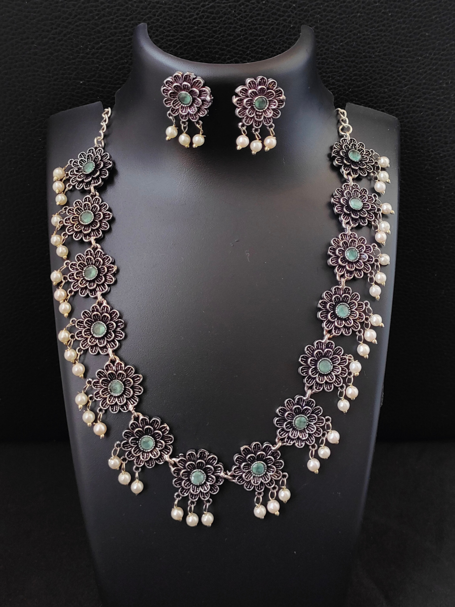Buy Sea Green Flower Shaped Oxidised Silver Necklace Set - TheJewelbox