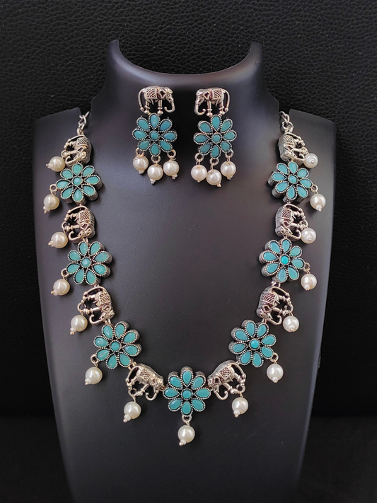 Buy Sky Blue Flower and Elephant Shaped Oxidised Silver Necklace Set - TheJewelbox