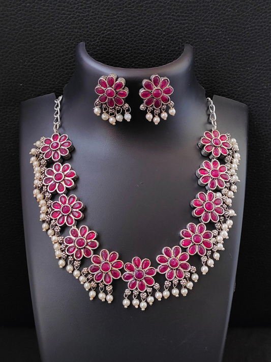 Buy Ruby Red Flower Shaped Oxidised Silver Necklace Set - TheJewelbox