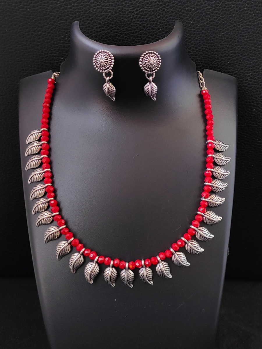 Buy Red Beads Leaf Pattern Oxidised Silver Choker Necklace Set - TheJewelbox