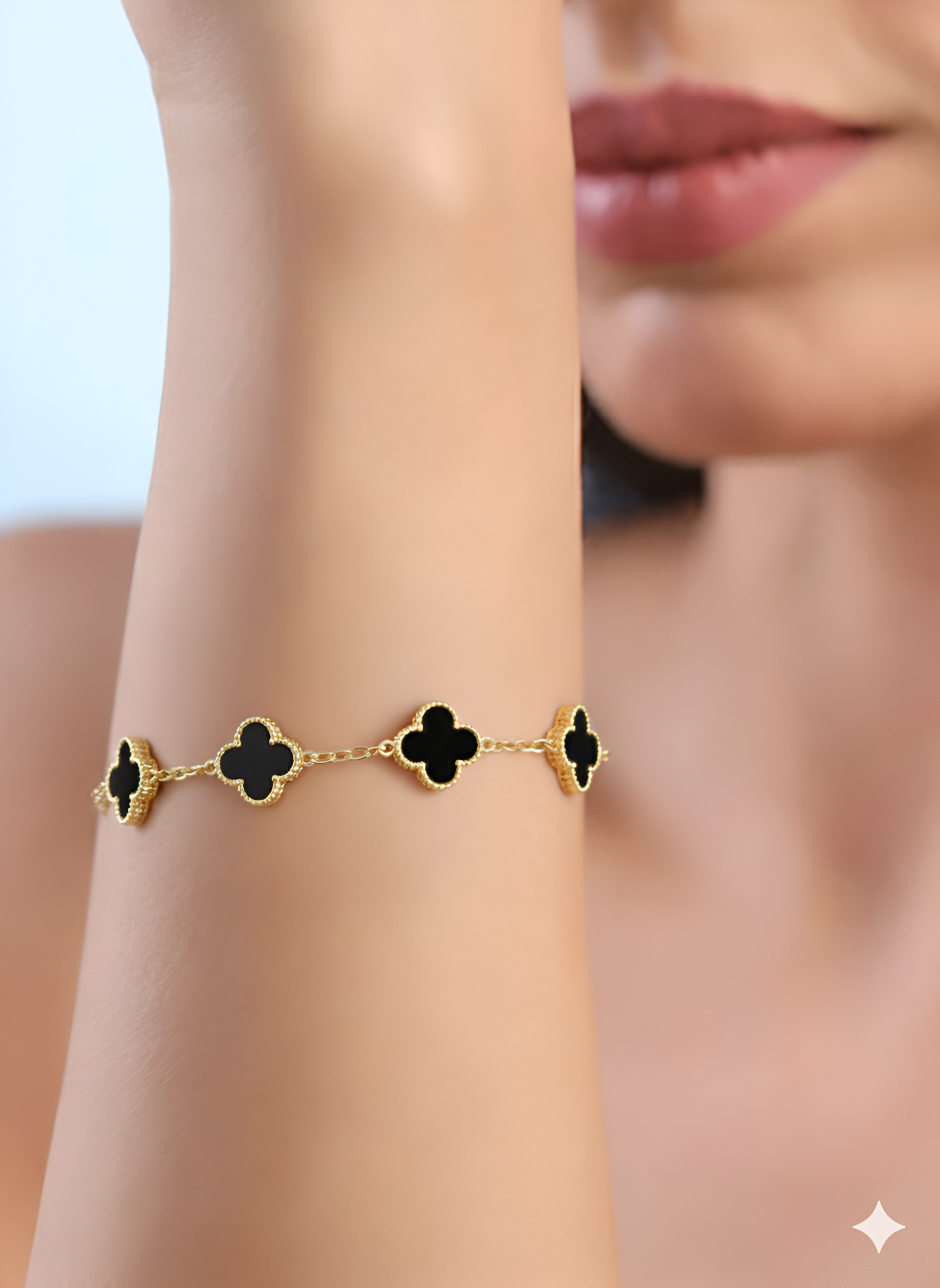 18K Gold Plated Black Clover Charm Delicate Chain Bracelet- On Model's Hand