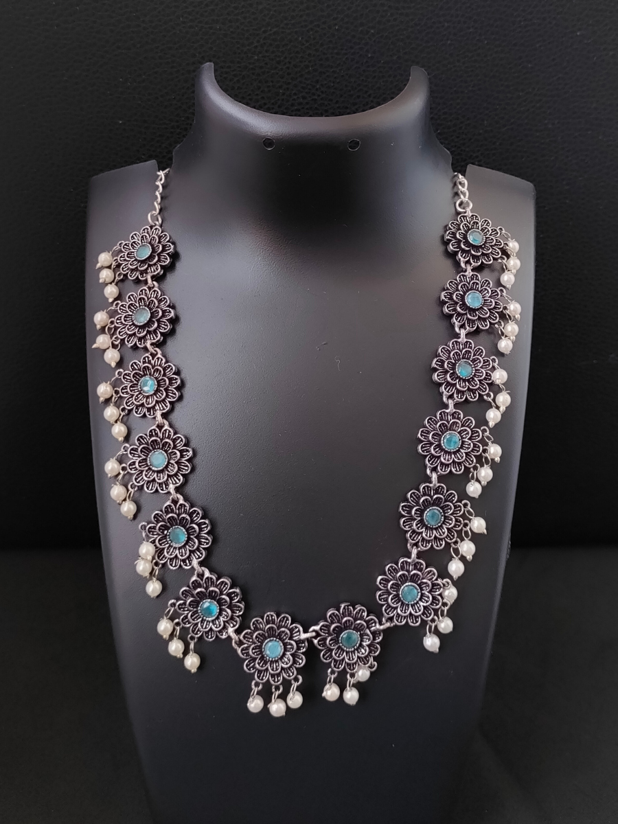 Sky Blue Flower Shaped Oxidised Silver Choker Necklace