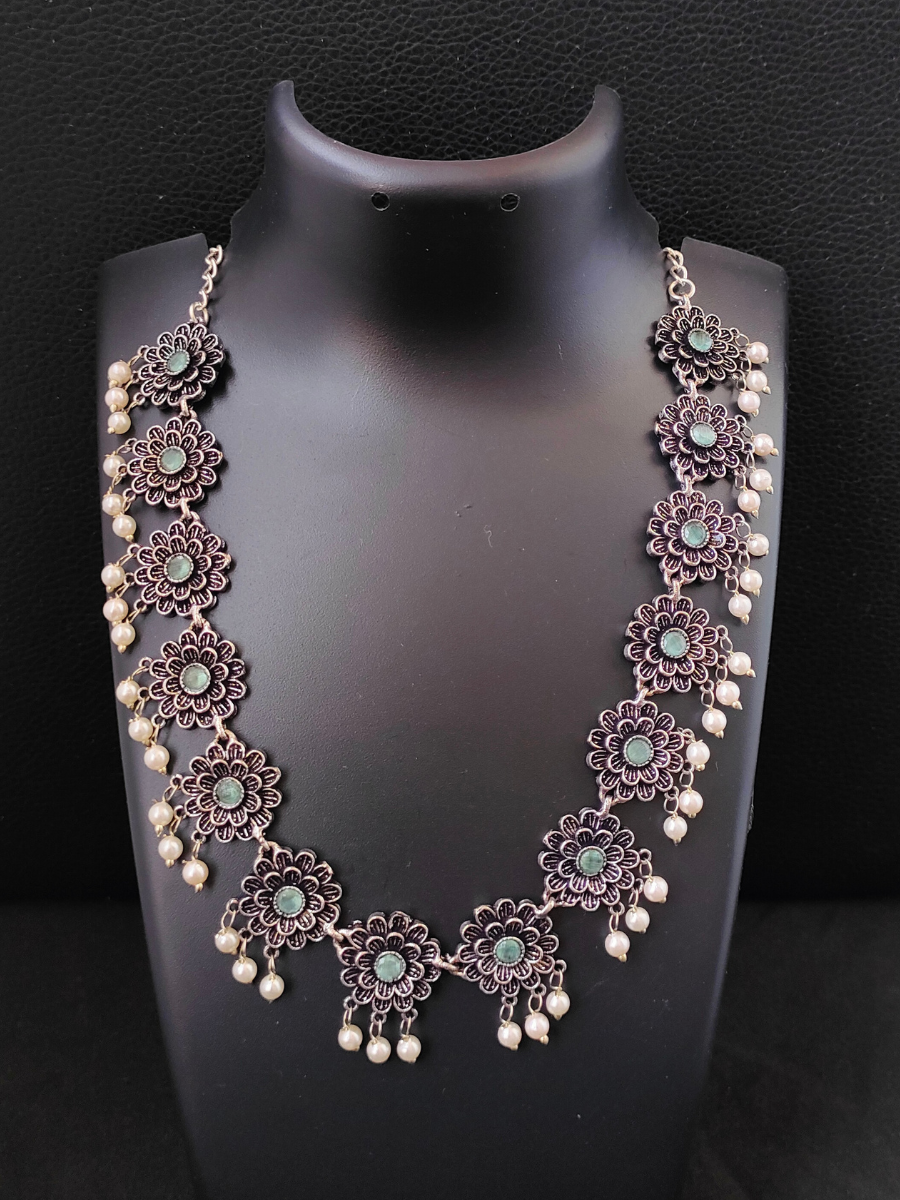 Sea Green Flower Shaped Oxidised Silver Choker Necklace