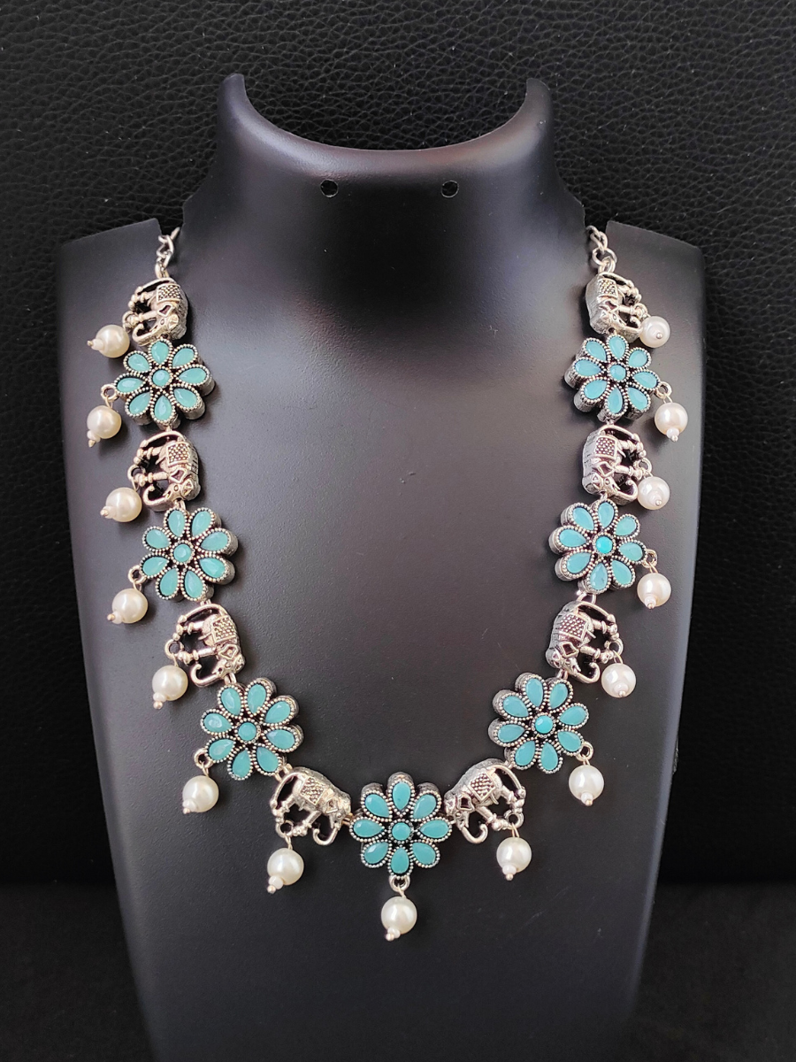 Sky Blue Flower and Elephant Shaped Oxidised Silver Choker Necklace