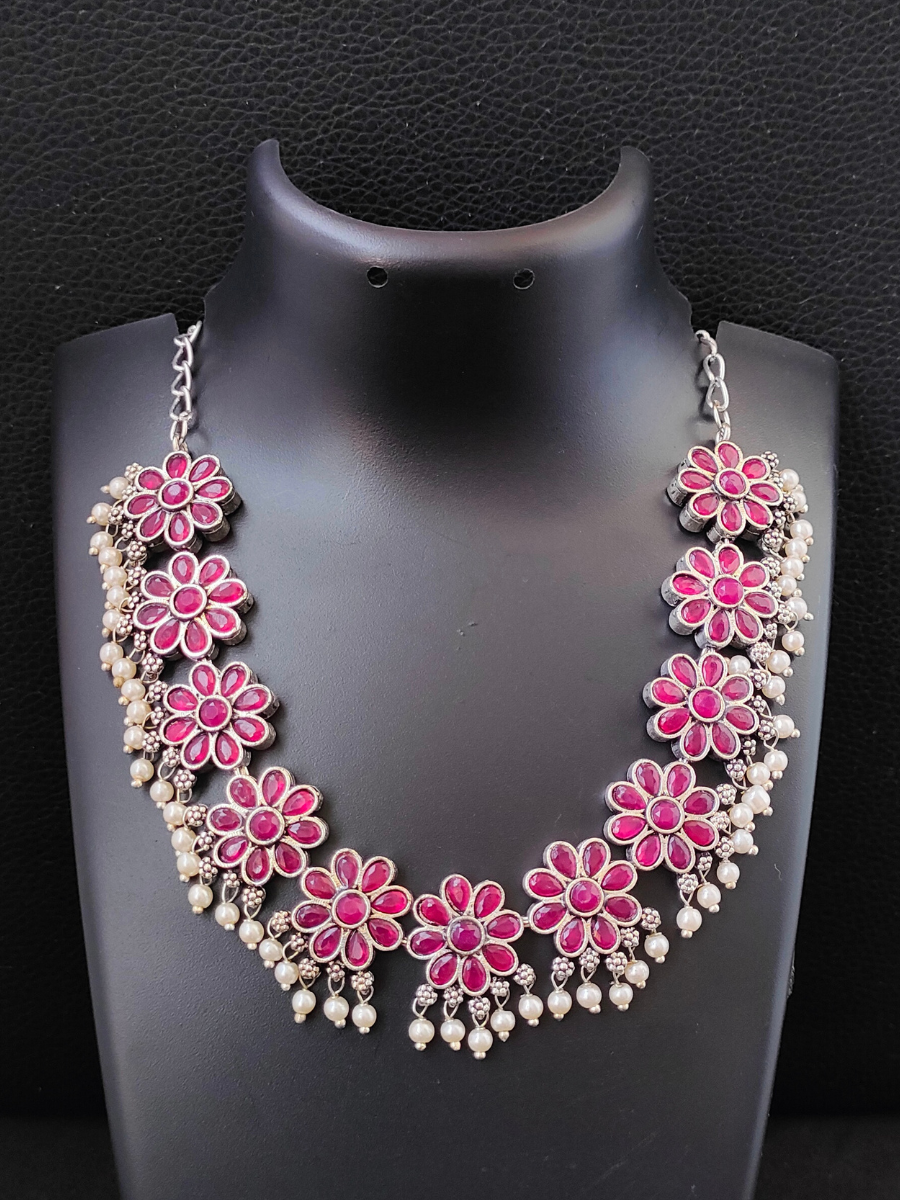 Ruby Red Flower Shaped Oxidised Silver Choker Necklace