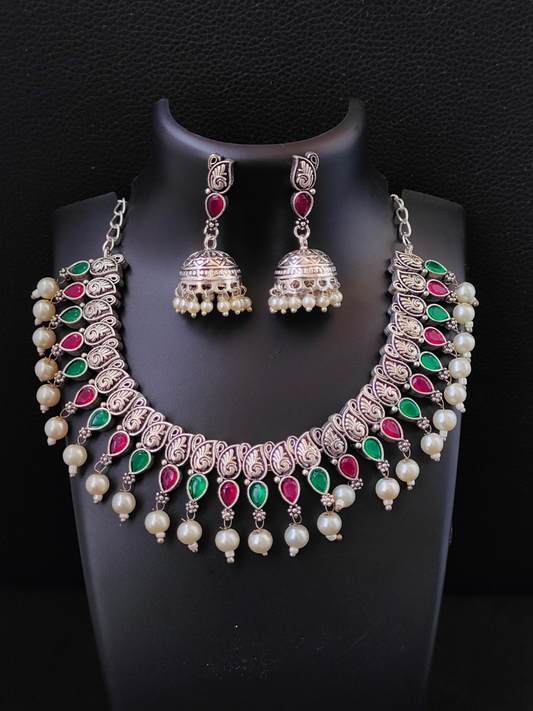 Buy Ruby Red and Green Stone Oxidised Silver Choker Necklace Set - TheJewelbox
