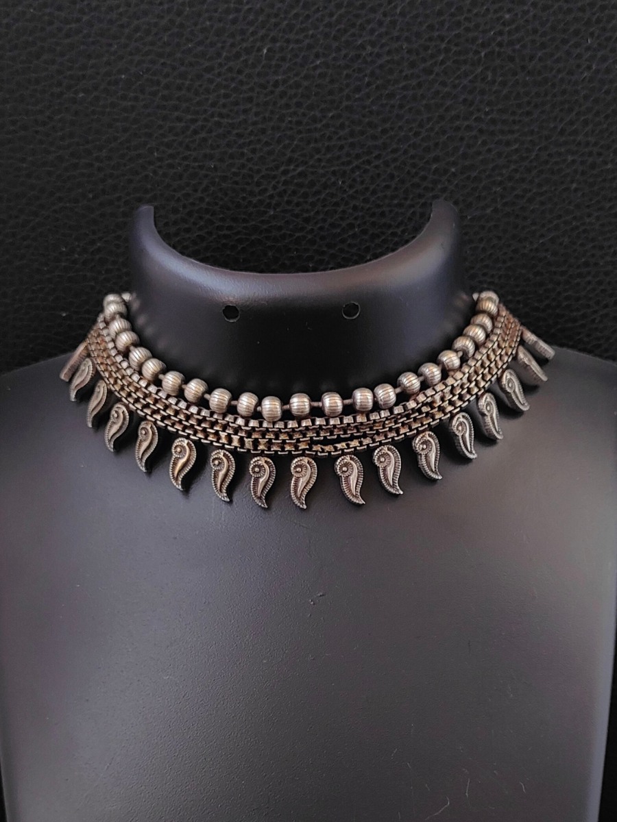 Oxidized German Silver Choker Necklace Earring And Ring Combo Set - Glamaya