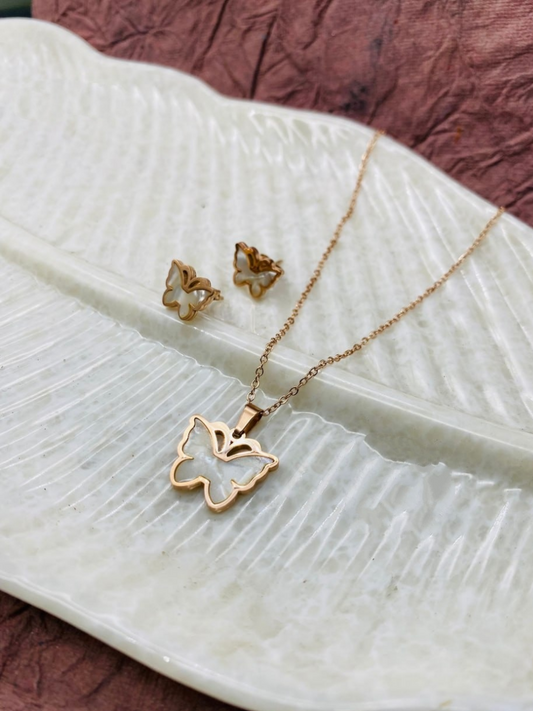 Buy Pearl Enamel Butterfly Pendant Necklace with Earrings - TheJewelbox