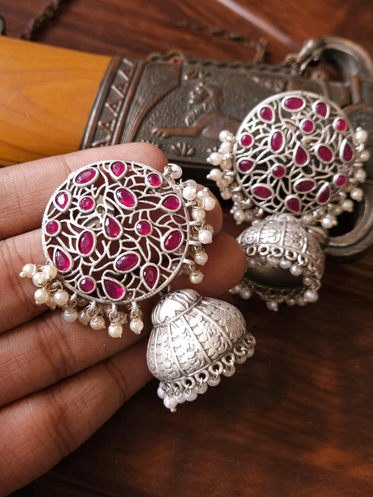 Buy Ruby Red Stone Studded Oxidised Silver Lightweight Jhumka Earrings - TheJewelbox