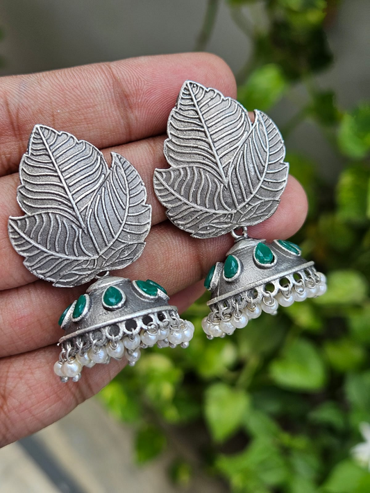 Buy Green Stone Oxidised Silver Leafy Small Jhumka Earrings - TheJewelbox