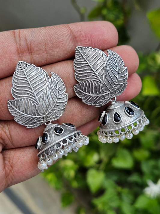 Buy Black Stone Oxidised Silver Leafy Small Jhumka Earrings - TheJewelbox