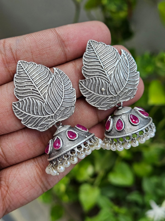 Buy Ruby Red Stone Oxidised Silver Leafy Small Jhumka Earrings - TheJewelbox