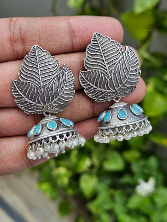 Buy Sea Green Stone Oxidised Silver Leafy Small Jhumka Earrings - TheJewelbox