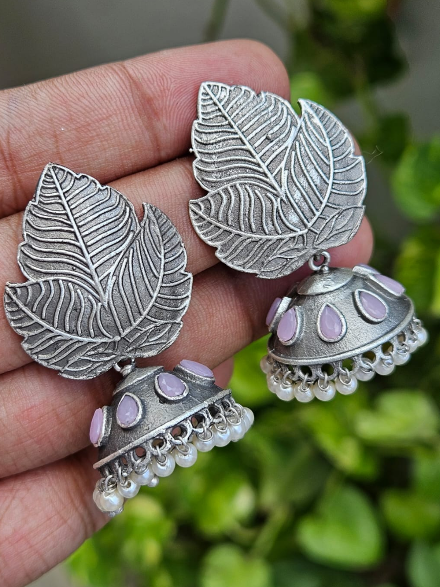Buy Baby Pink Stone Oxidised Silver Leafy Small Jhumka Earrings - TheJewelbox