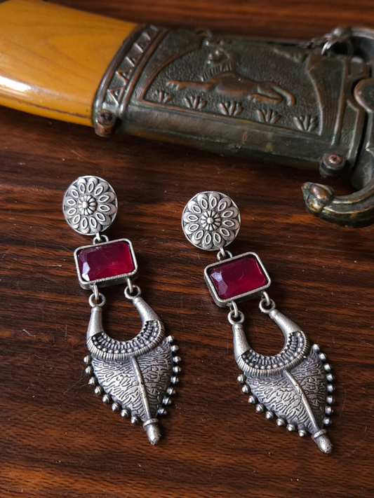 Buy Ruby Red Stone Long German Silver Earrings - TheJewelbox