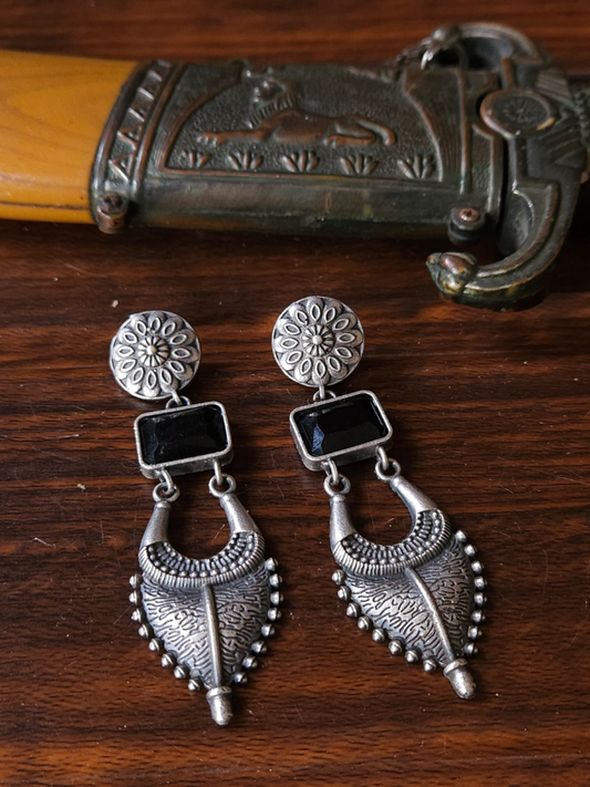 Black Stone Long German Silver Earrings