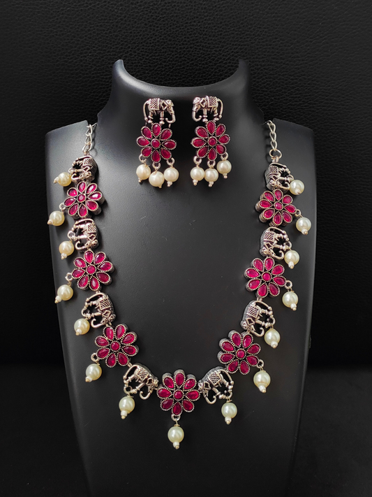 Buy Ruby Red Flower and Elephant Shaped Oxidised Silver Necklace Set Online - TheJewelbox