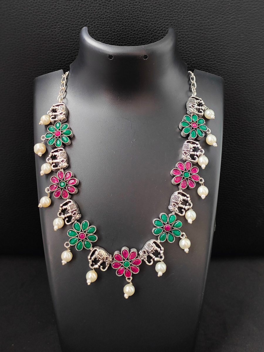 Ruby Red and Green Flower and Elephant Shaped Oxidised Silver Necklace