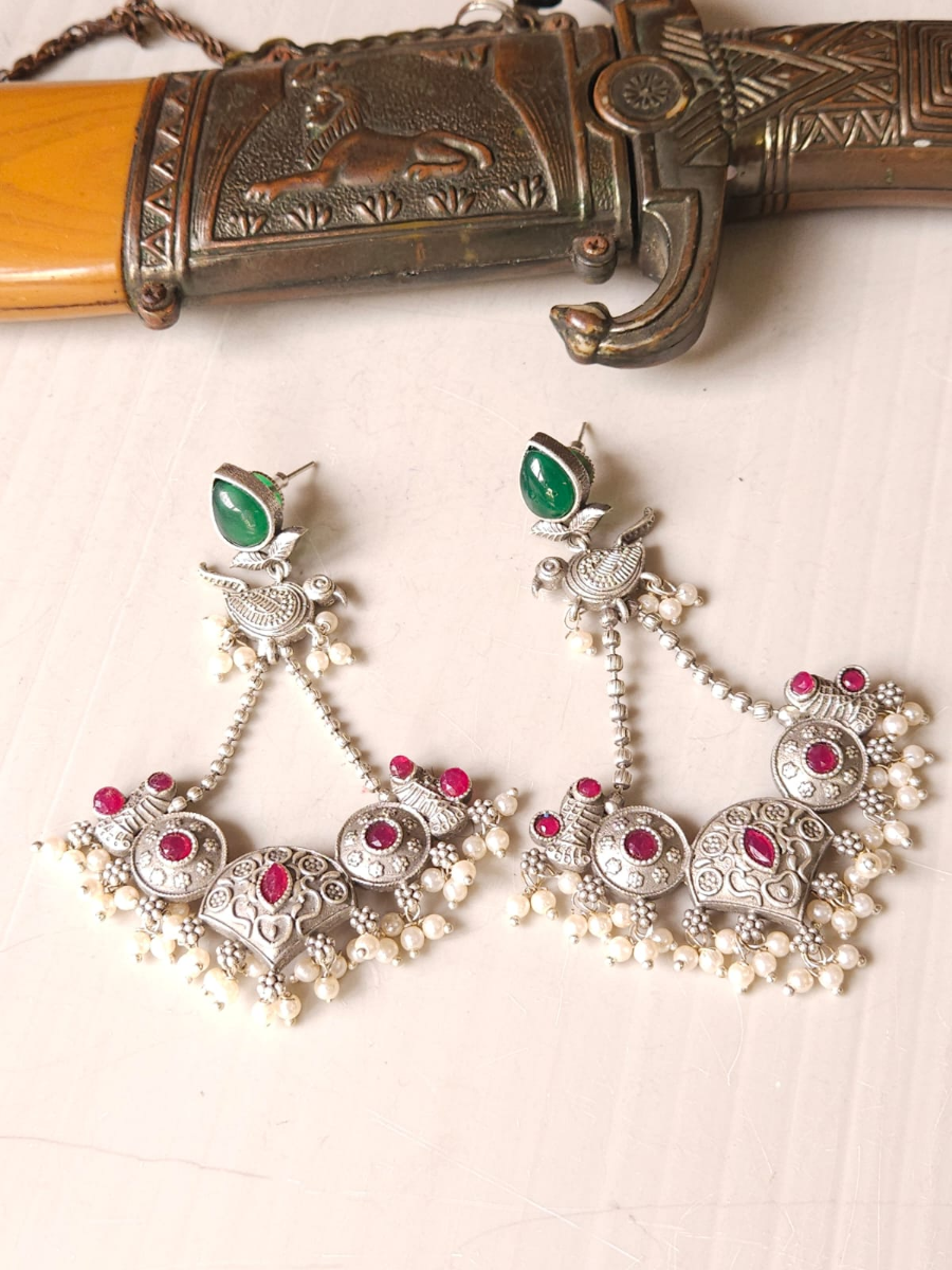 Buy Ruby Red and Green Stone German Silver Oxidised Chandbali Earrings - TheJewelbox