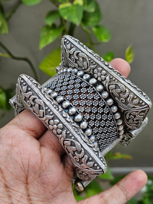 German Silver Oxidised Kada with Square Bangles Set #6 (Pack of 3)