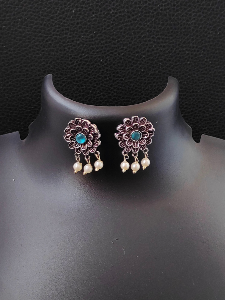 Sky Blue Flower Shaped Oxidised Silver Earrings
