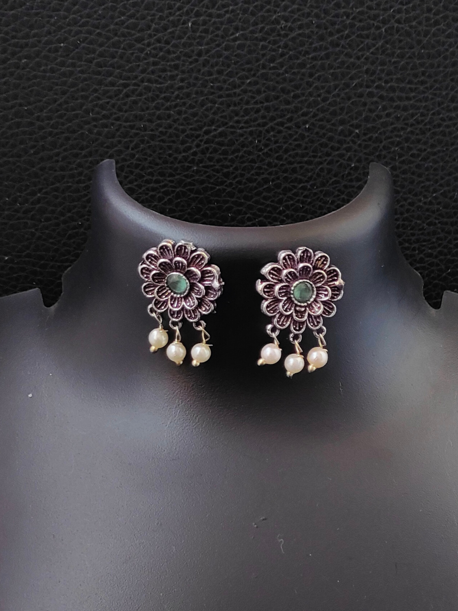 Sea Green Flower Shaped Oxidised Silver Earrings 