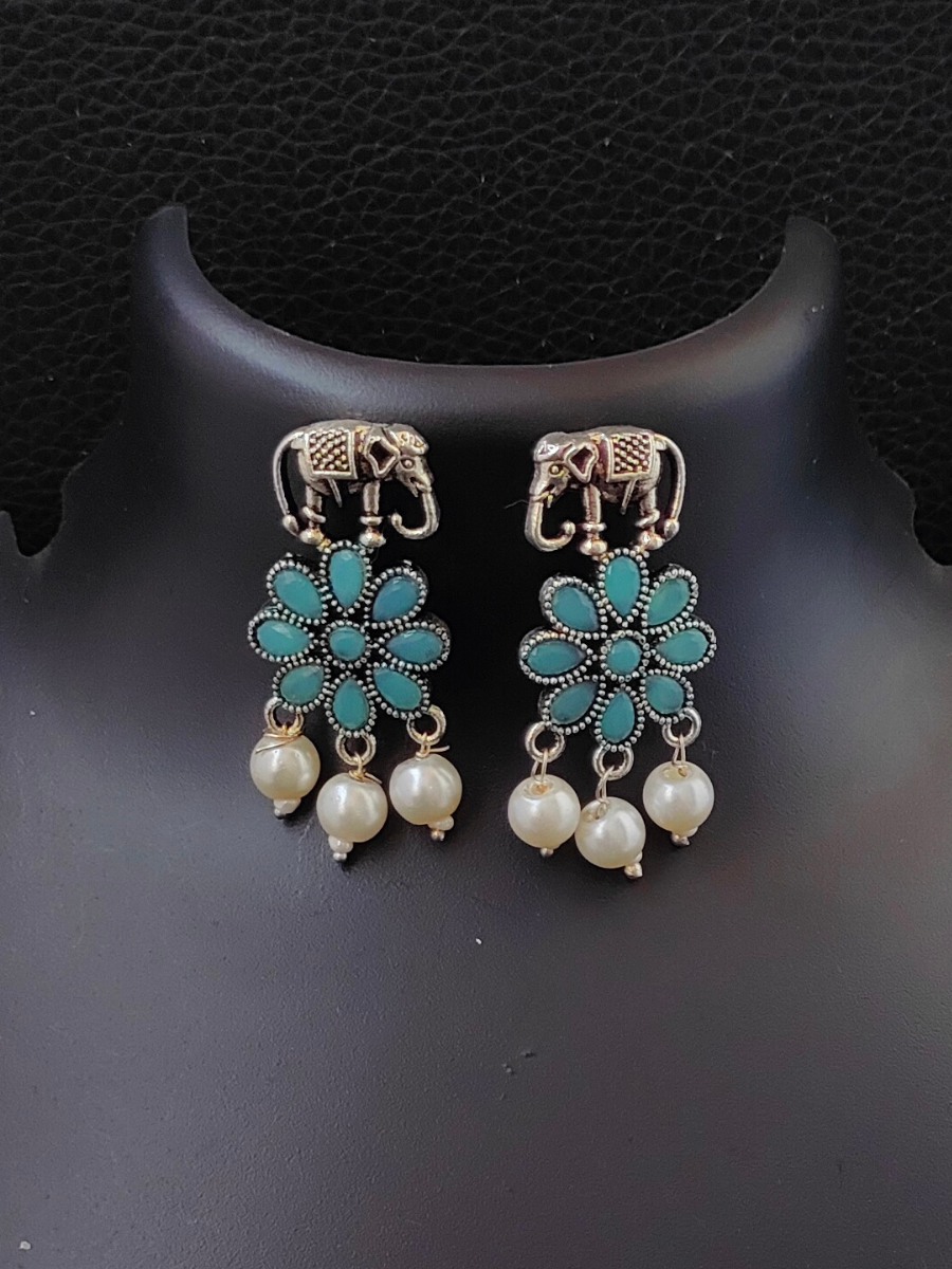 Sky Blue Flower and Elephant Shaped Oxidised Silver Earrings 