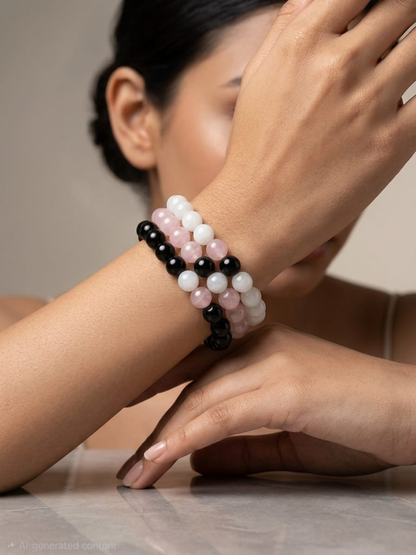 A model wearing a combo beaded bracelets in pink, white and black color 