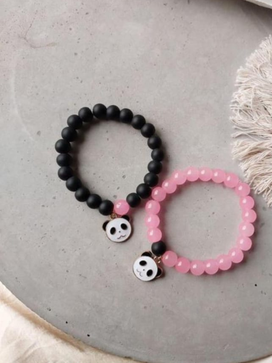 Buy Aesthetic Panda Charm Black and Pink Beaded Bracelets - TheJewelbox