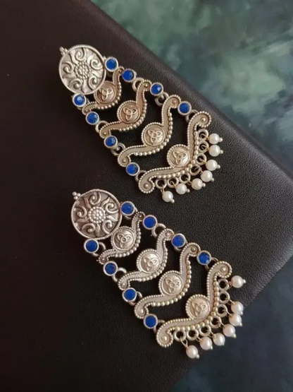 Buy Antique Blue Stone Oxidised Silver Long Earrings Online - TheJewelbox