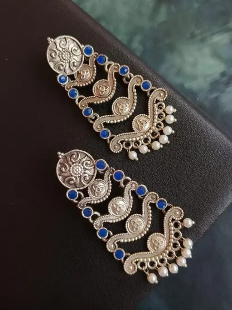 Buy Antique Blue Stone Oxidised Silver Long Earrings Online - TheJewelbox