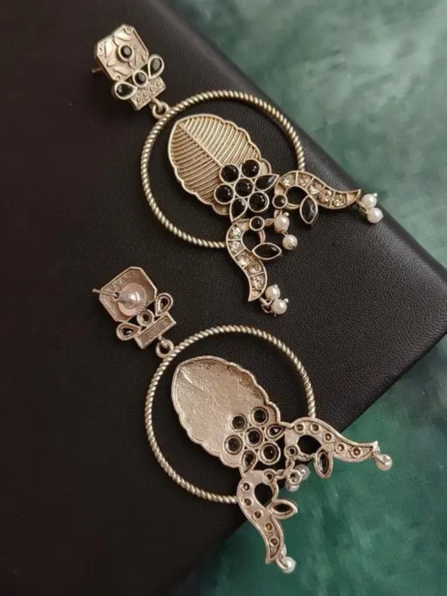 Antique Black Stones Leaf Motif Oxidised Silver Earrings