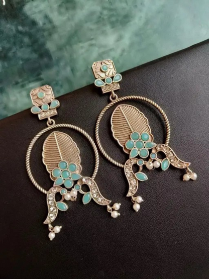 Buy Antique Leaf Motif Sky Blue Stones Oxidised Earrings Online - TheJewelbox