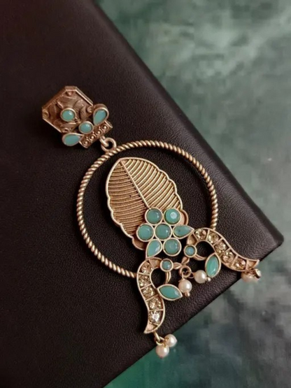 Antique Leaf Motif Sky Blue Stones Oxidised Earrings