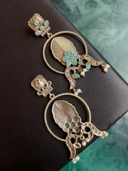 Antique Sky Blue Stones Leaf Motif Oxidised Earrings
