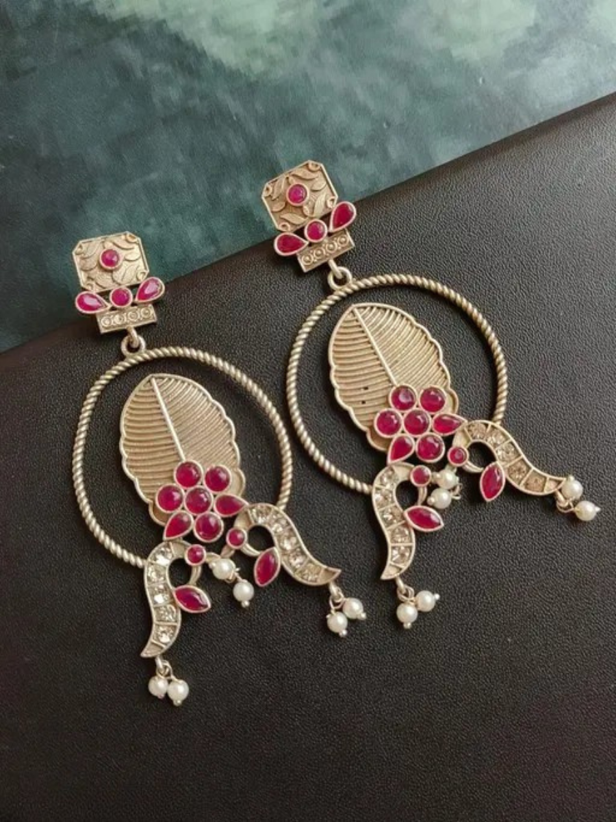 Buy Antique Leaf Ruby Red Stones Oxidised Silver Earrings Online - TheJewelbox