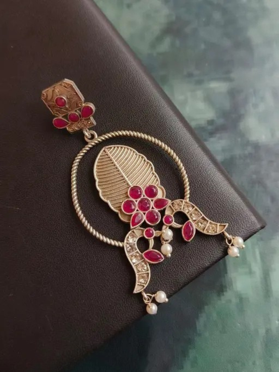 Antique Leaf Ruby Red Stones Oxidised Silver Earrings