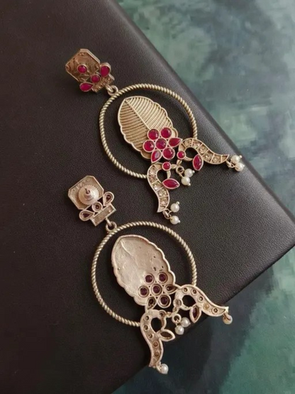 Antique Ruby Red Stones Leaf Motif Oxidised Silver Earrings