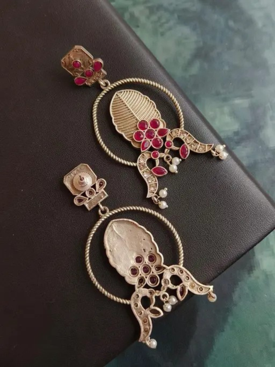 Antique Ruby Red Stones Leaf Motif Oxidised Silver Earrings