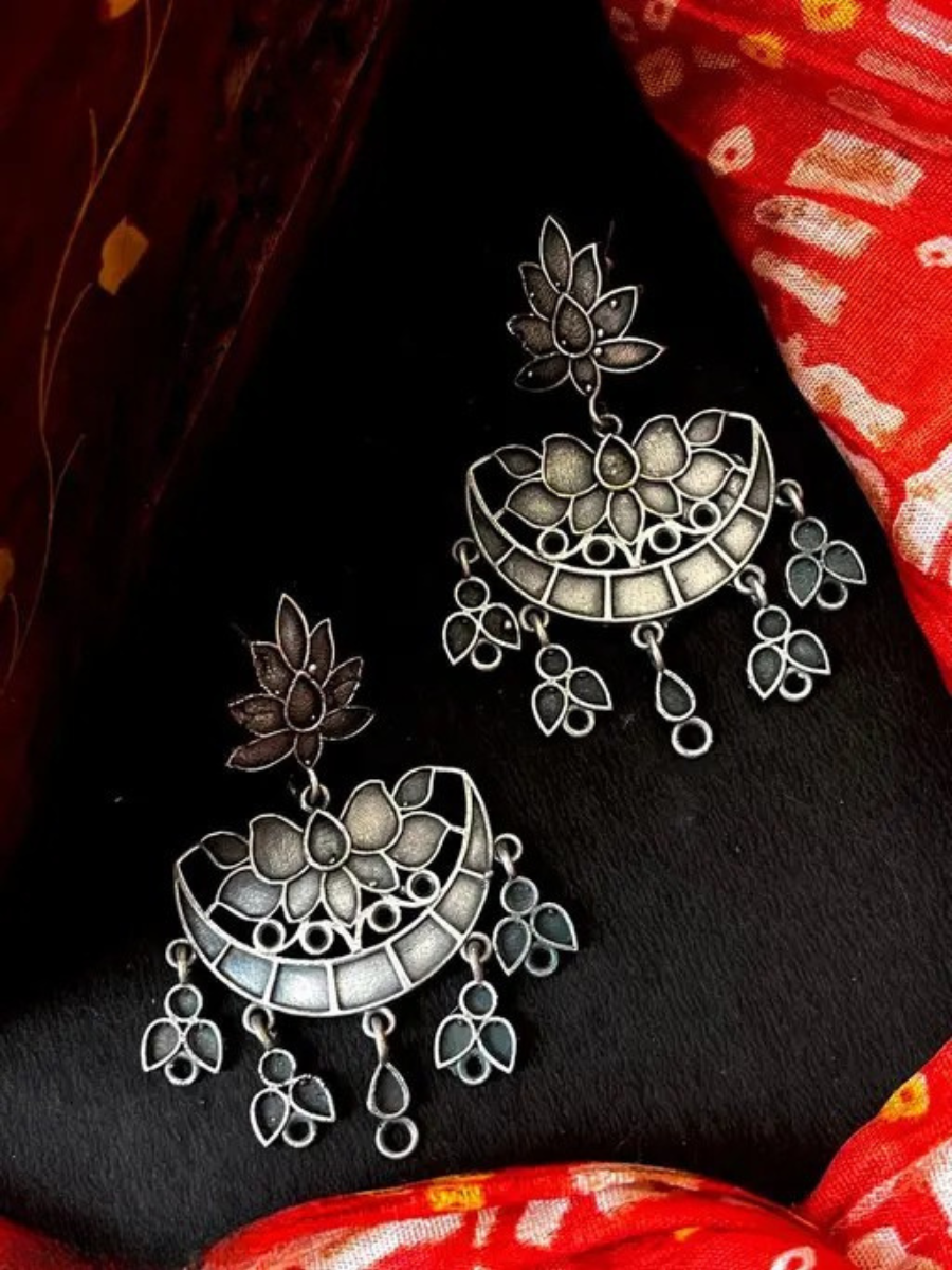 Buy Antique Lotus Style Oxidised Silver Drop Earrings Online - TheJewelbox